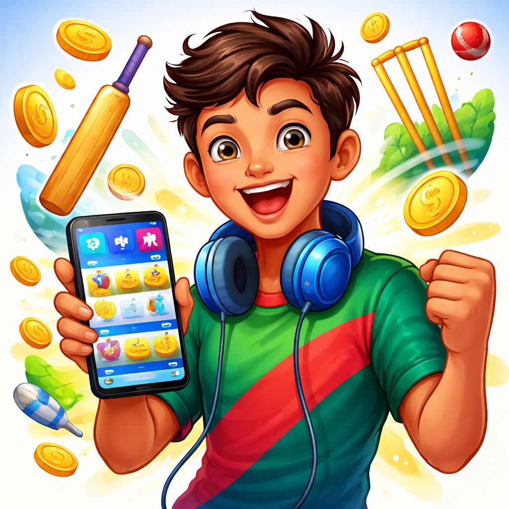 1971bet app cartoon mobile gaming character with smartphone