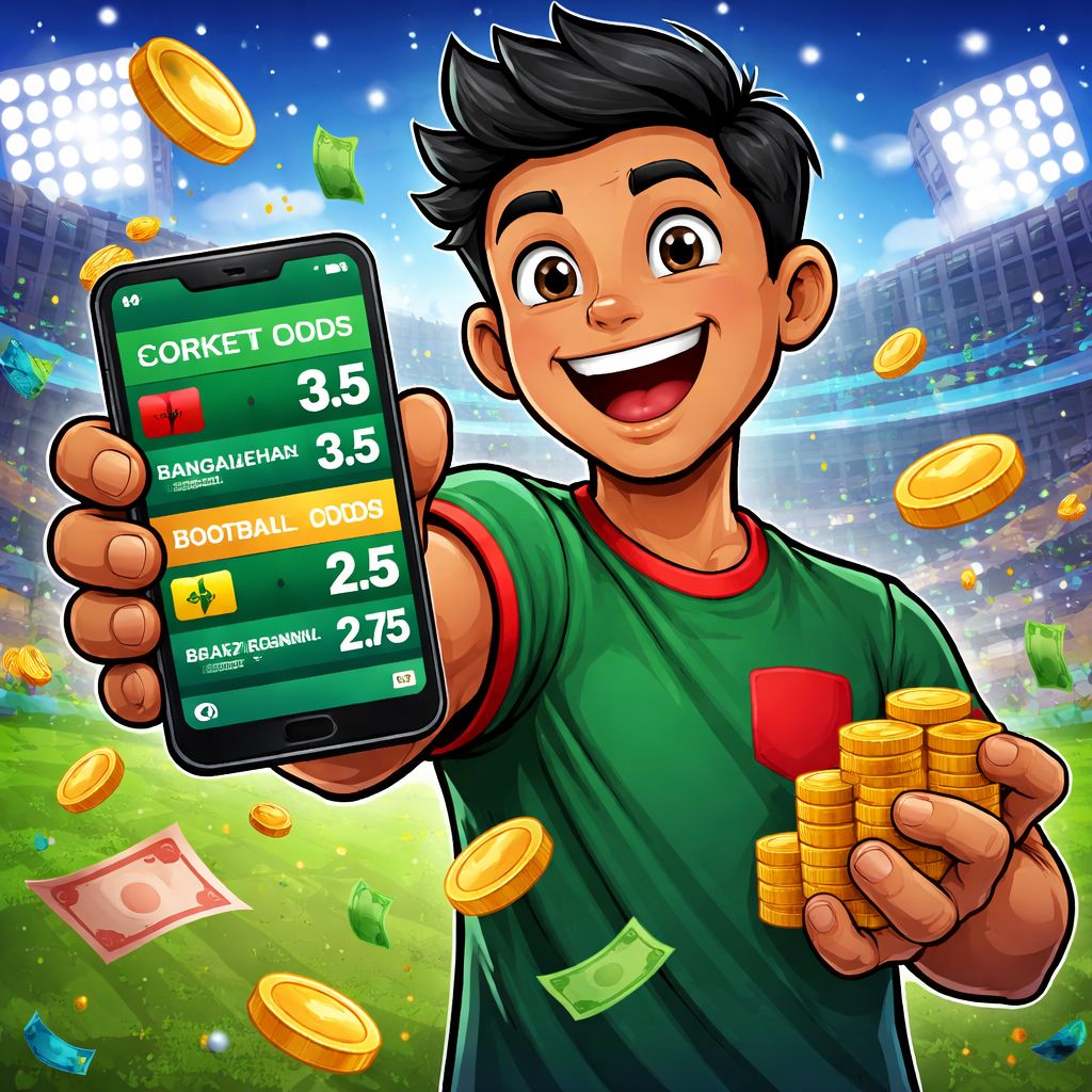 Cartoon sports fan checking betting odds on a phone with cricket and football icons