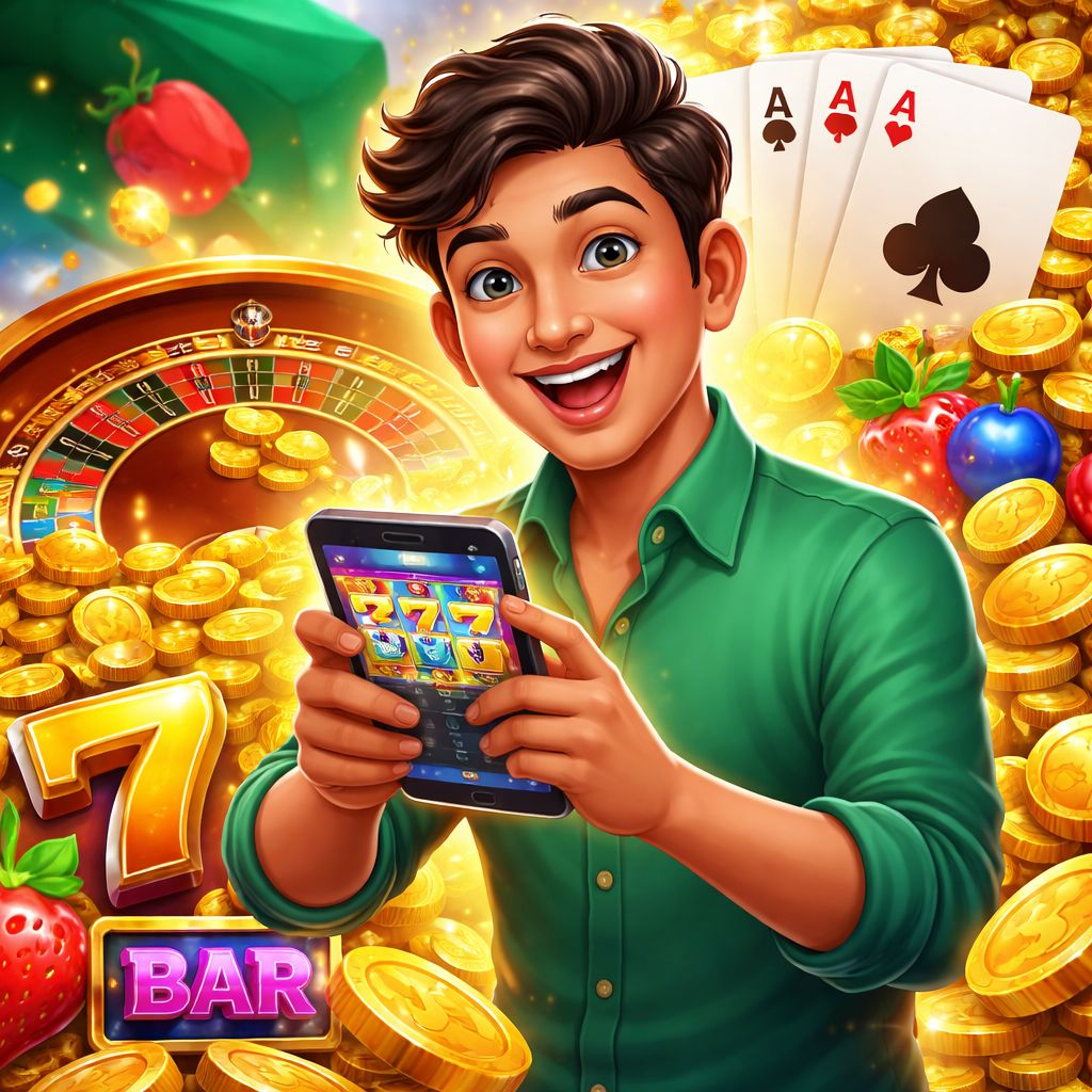 Cartoon casino player holding a smartphone with game icons and coins