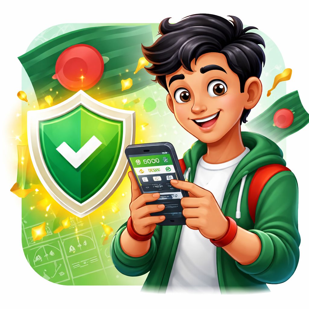 Cartoon 1971bet login character holding a smartphone with secure account icons