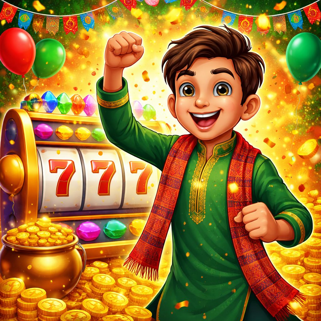 Cartoon character celebrating a slot win with coins and bright reels